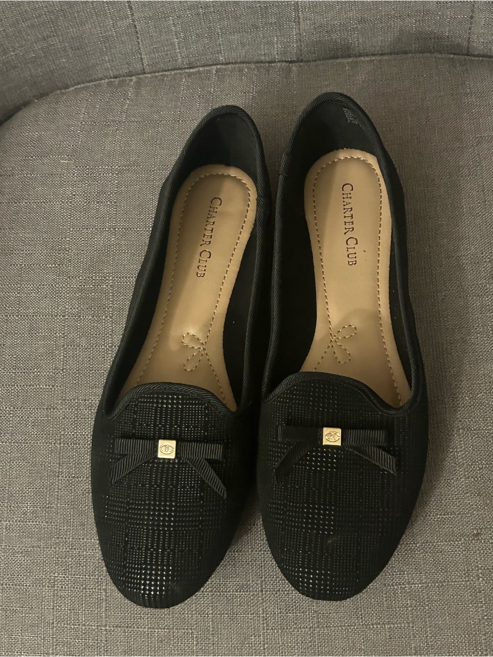 Women’s 7 1/2 black Charter Club Textured Bow Flats with Gold Accent